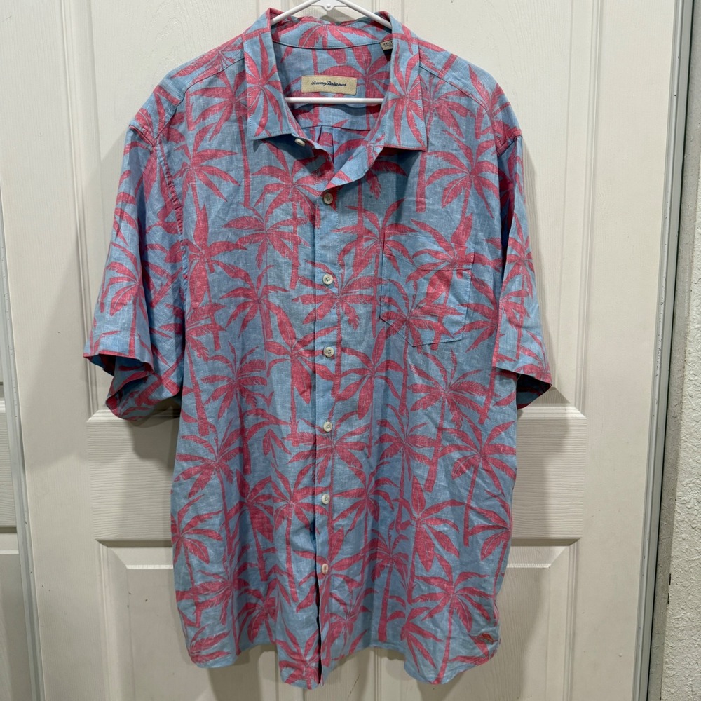 Tommy Bahama Mens XXL Blue Pink Palm Tree Linen Cotton Shirt ST326956 RA